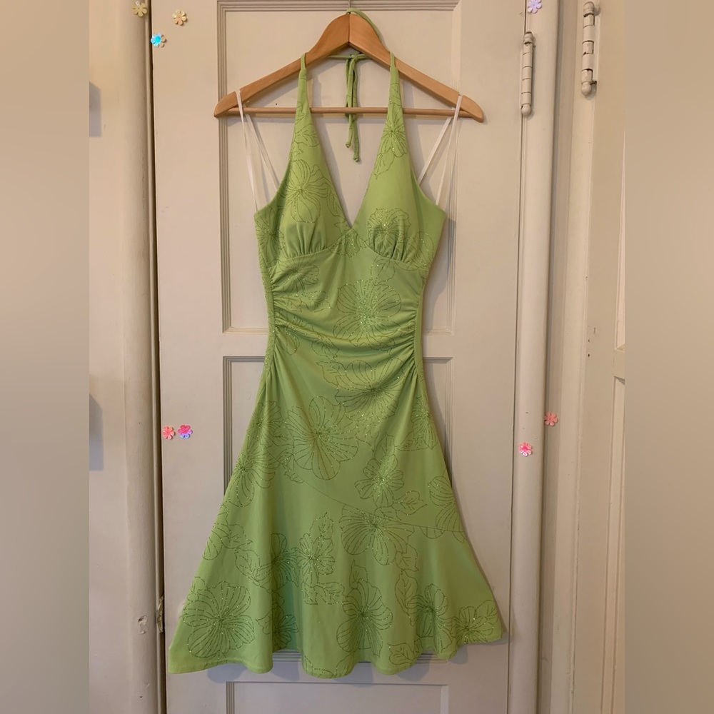 SOLD!! Y2K vintage Glittery Light Green Halter top A-line dress
